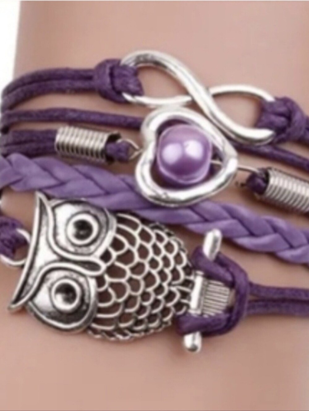 Purple & Silver Owl Infinity Heart Pearl Layered Layering Tiered Charm Bracelet